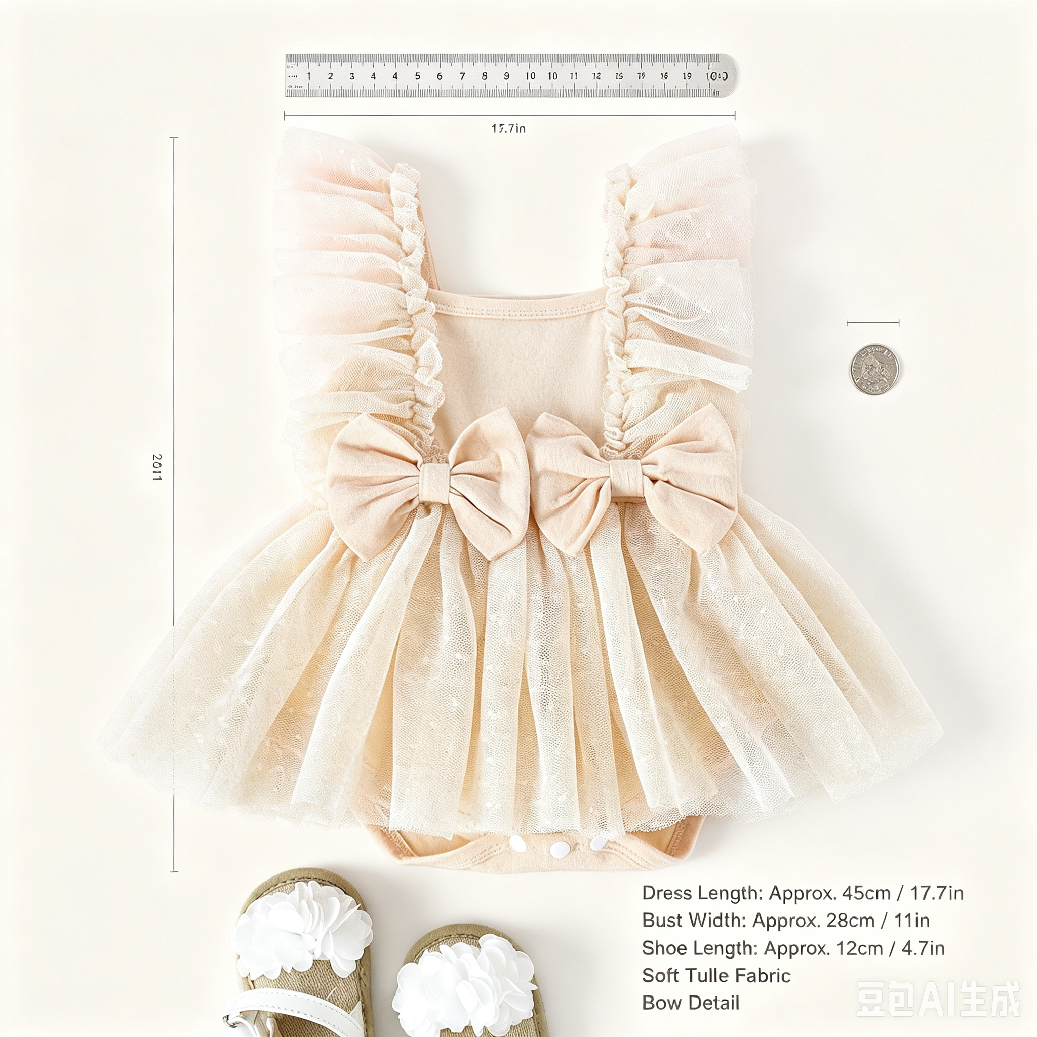 Close-up of pastel bow romper tutu skirt – adorable layered design for infants