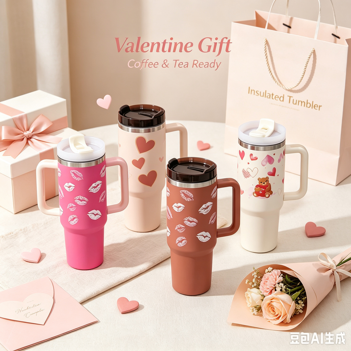 Heart print tumbler size reference – large capacity travel cup with handle