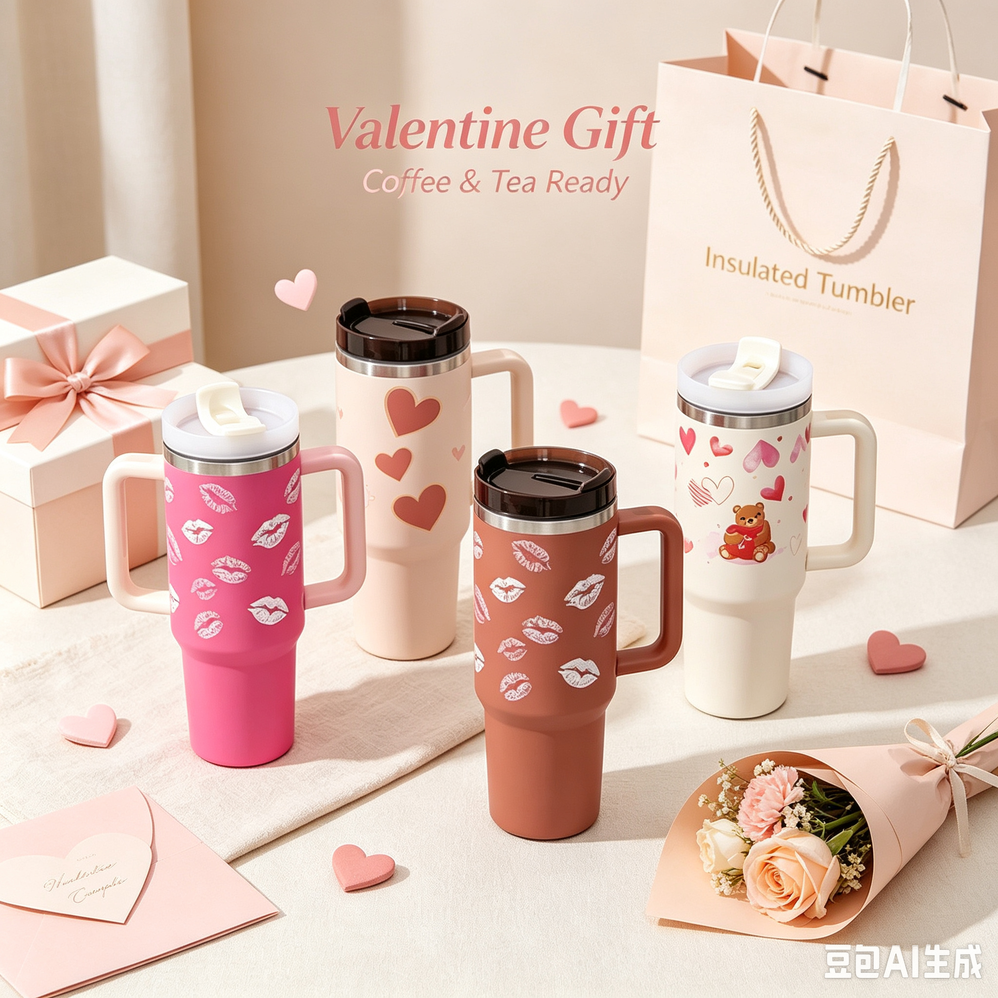 Heart print tumbler size reference – large capacity travel cup with handle