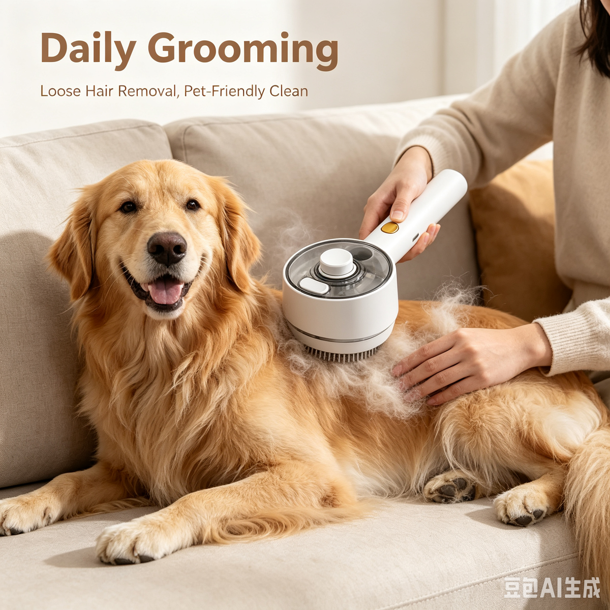Steam pet brush close-up – one-click cleaning button for hassle-free grooming