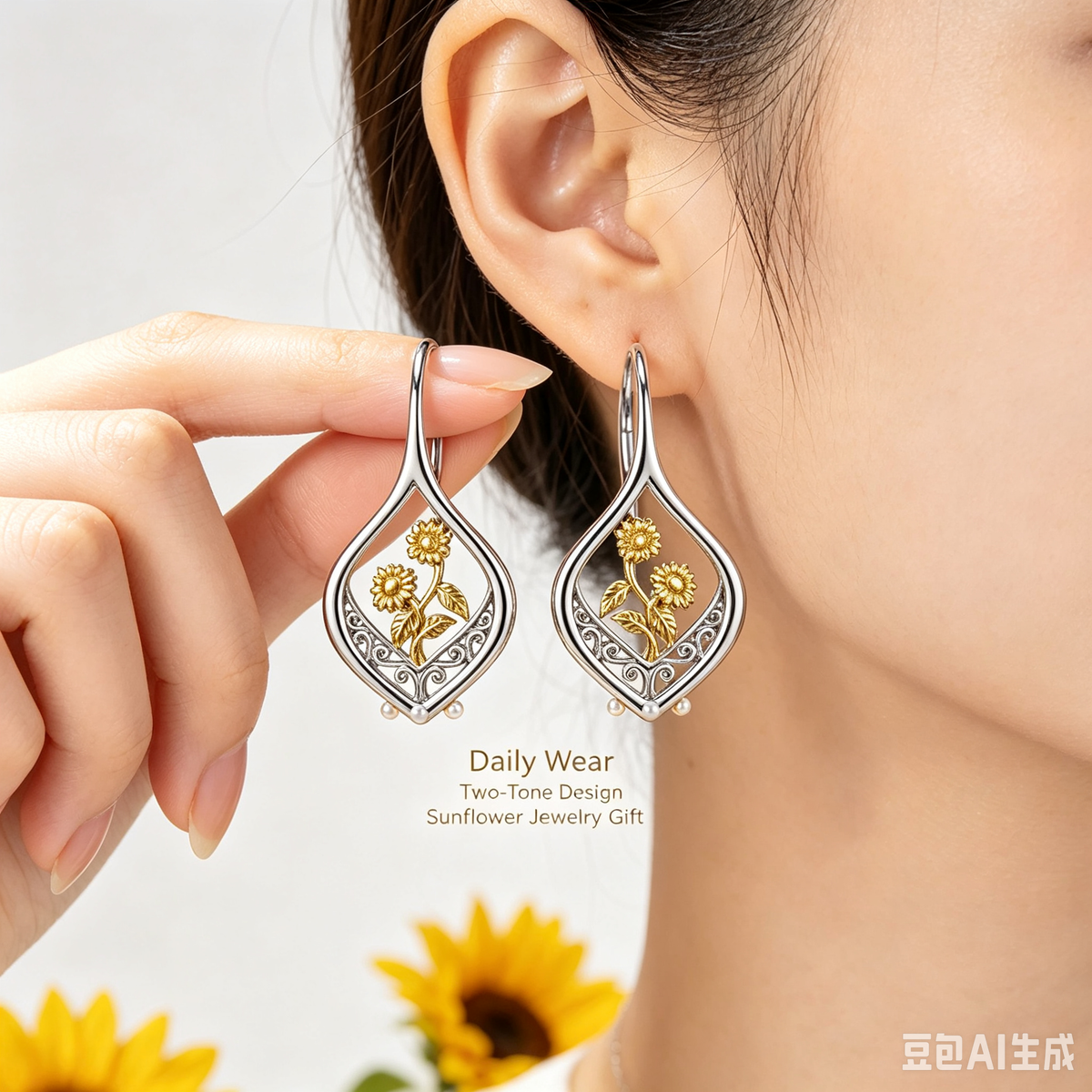 Sunflower drop earrings worn model shot – stylish boho jewelry gift for women