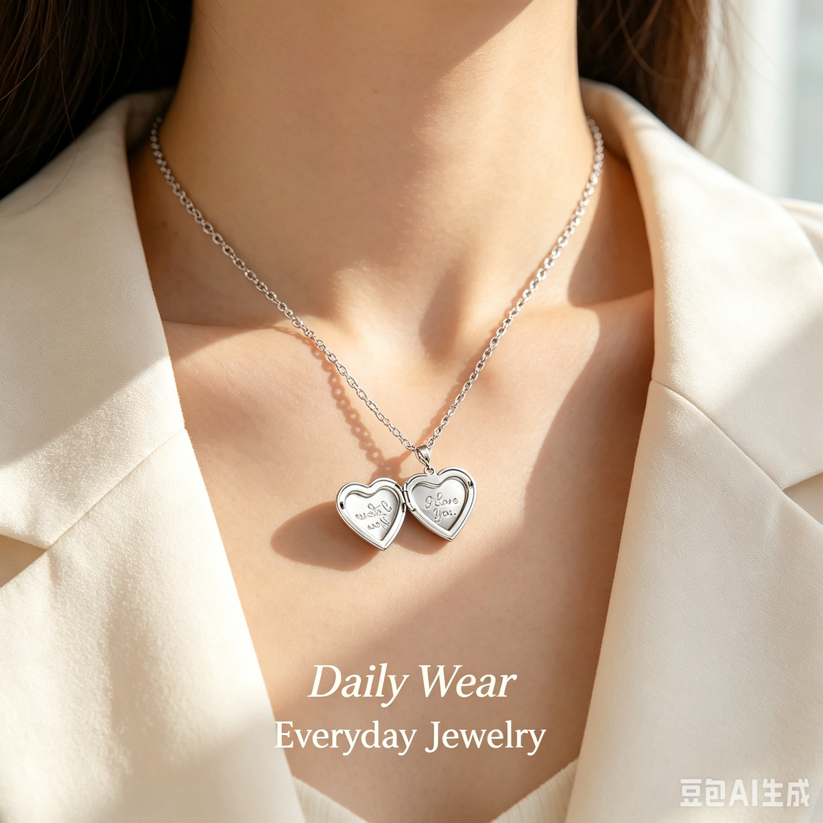 Heart locket necklace worn model shot – perfect anniversary or birthday gift for women