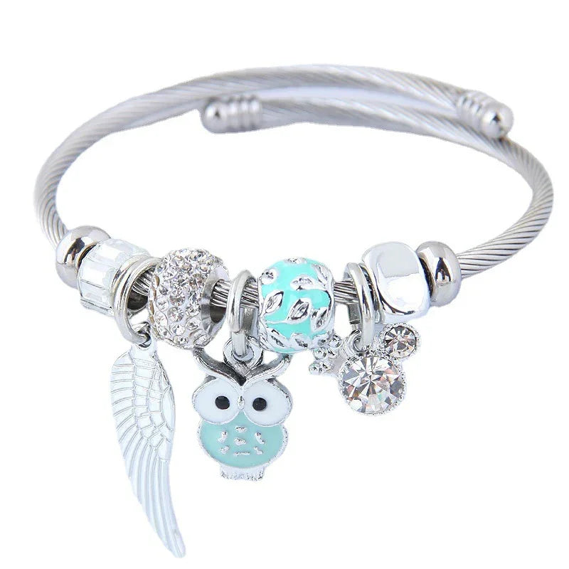 2026 lucky owl and angel wing crystal bangle – trending good luck bracelet for women