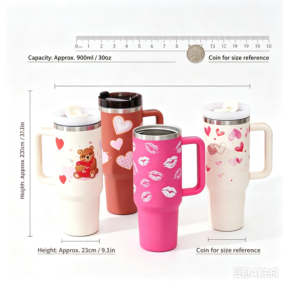 40oz insulated tumbler close-up heart print – stylish drinkware for women