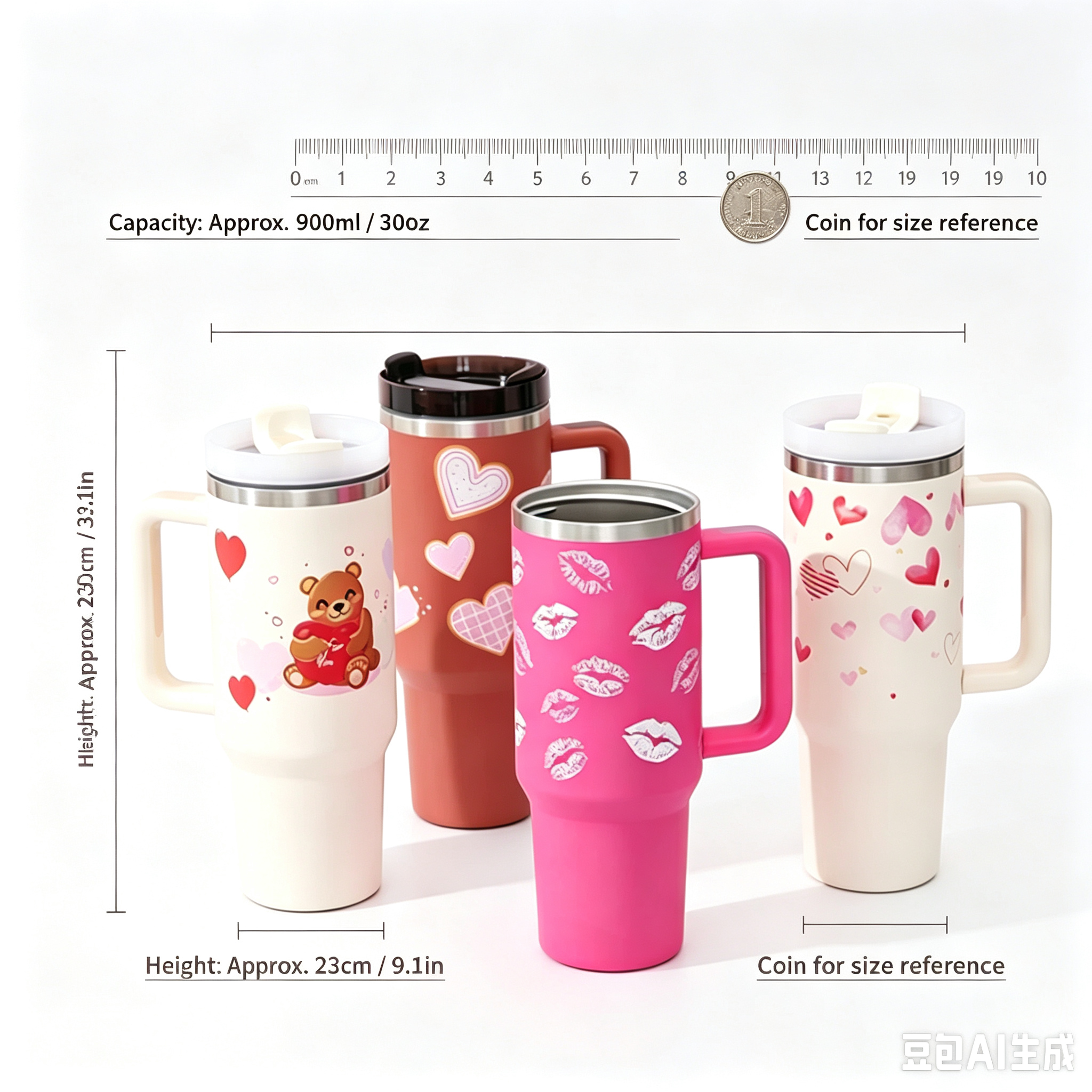 40oz insulated tumbler close-up heart print – stylish drinkware for women