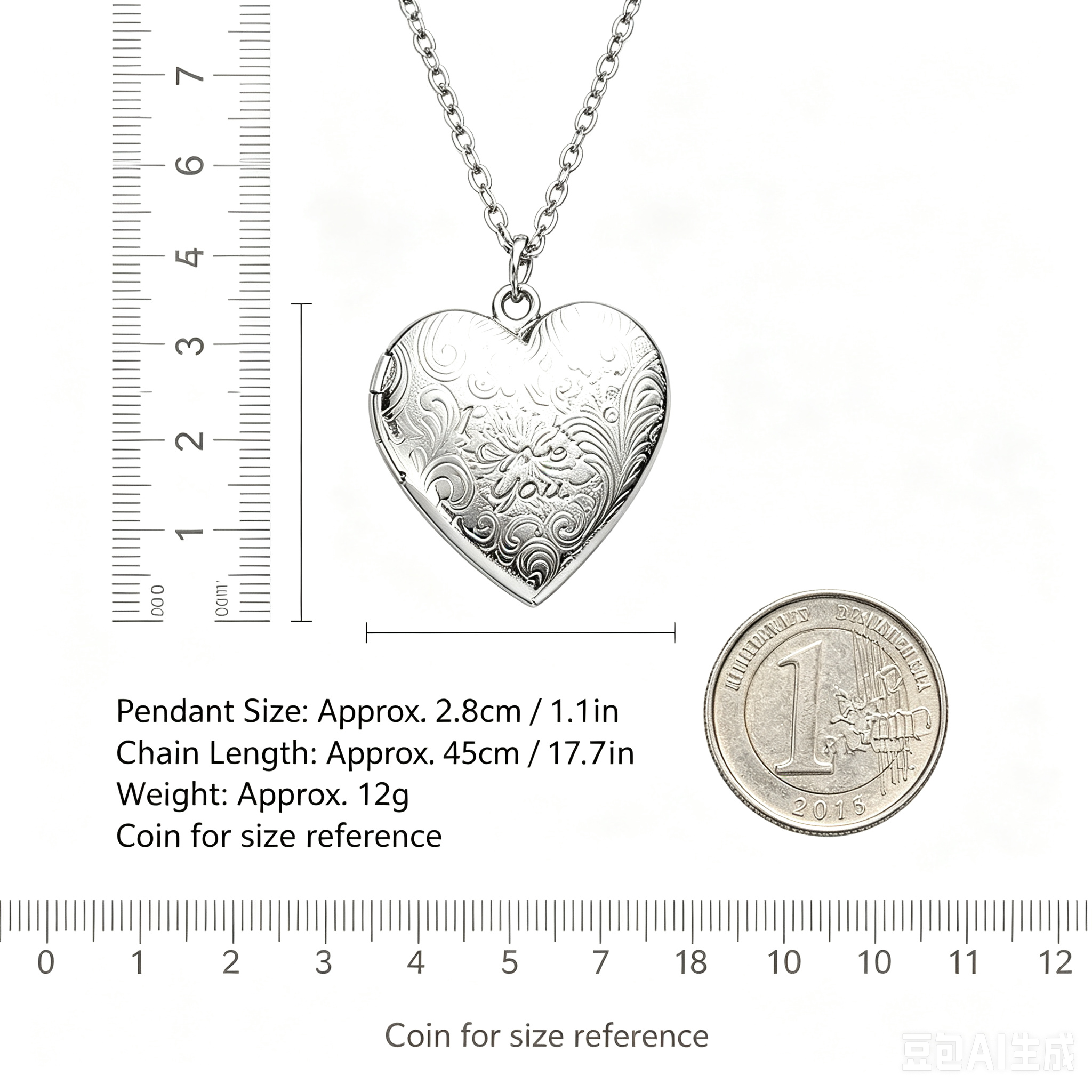 Close-up of engraved heart locket detail – elegant vintage style necklace