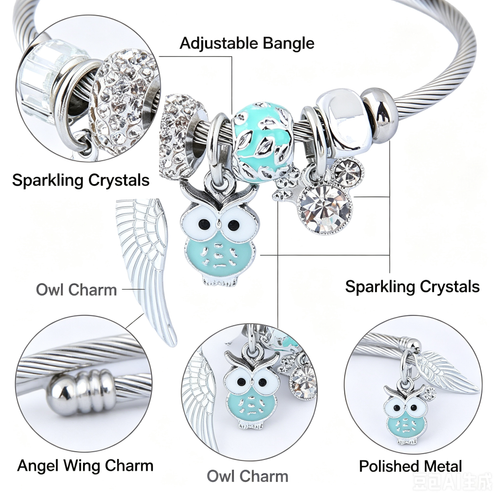 2026 Viral Lucky Owl & Angel Wing Crystal Bangle