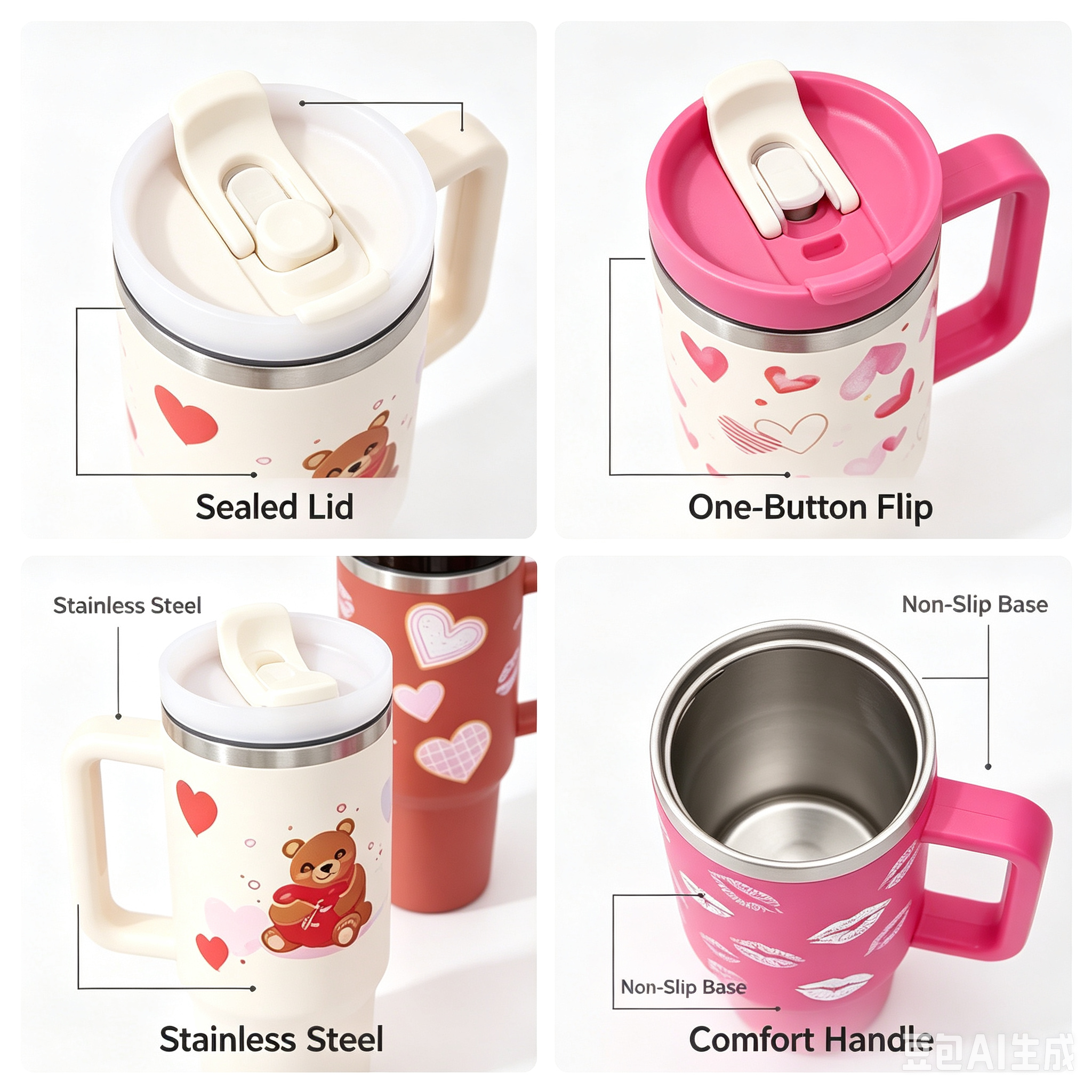 Heart pattern stainless steel tumbler with lid – leak-proof and ergonomic handle design