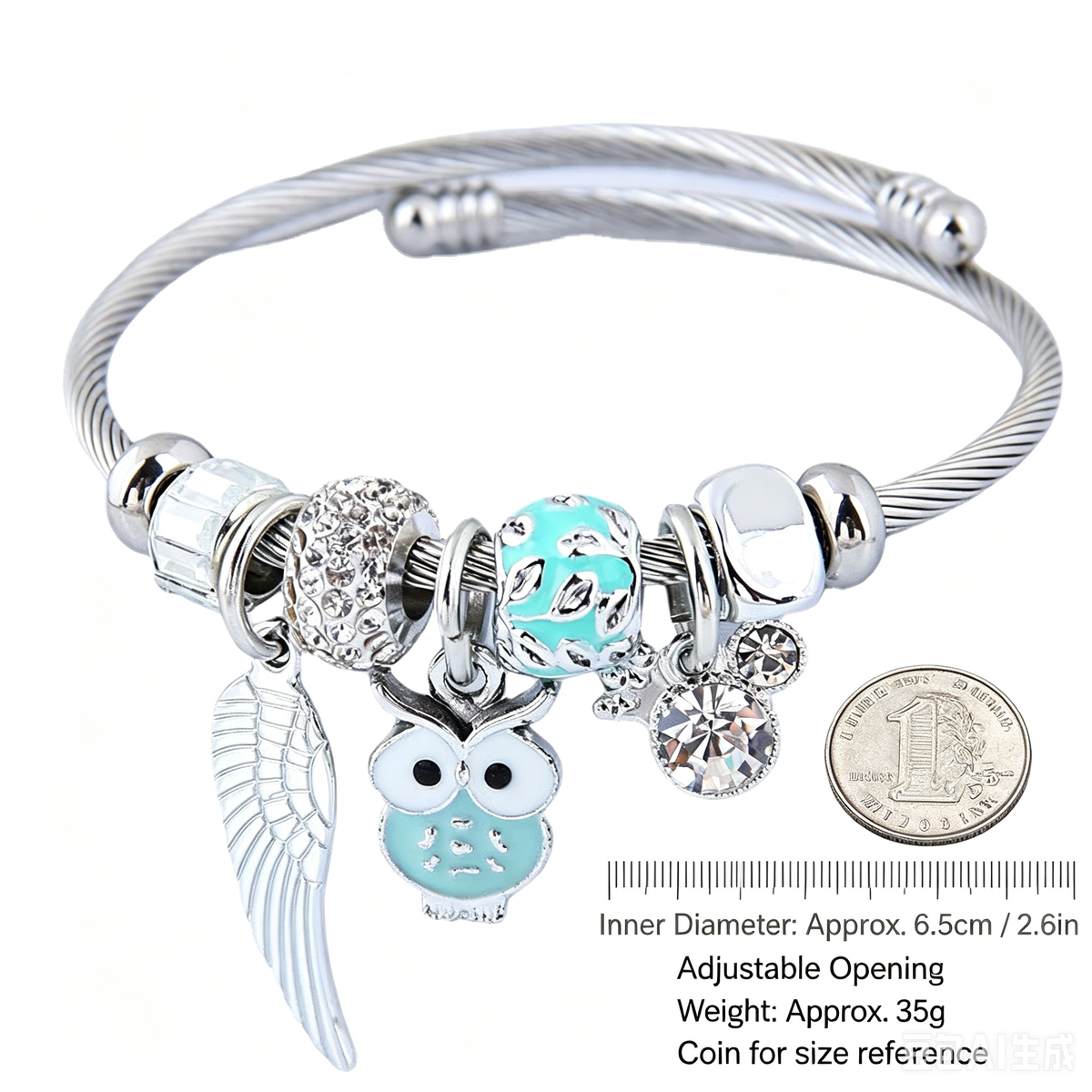 Lucky owl crystal bangle close-up – sparkling gemstone detail on delicate bracelet