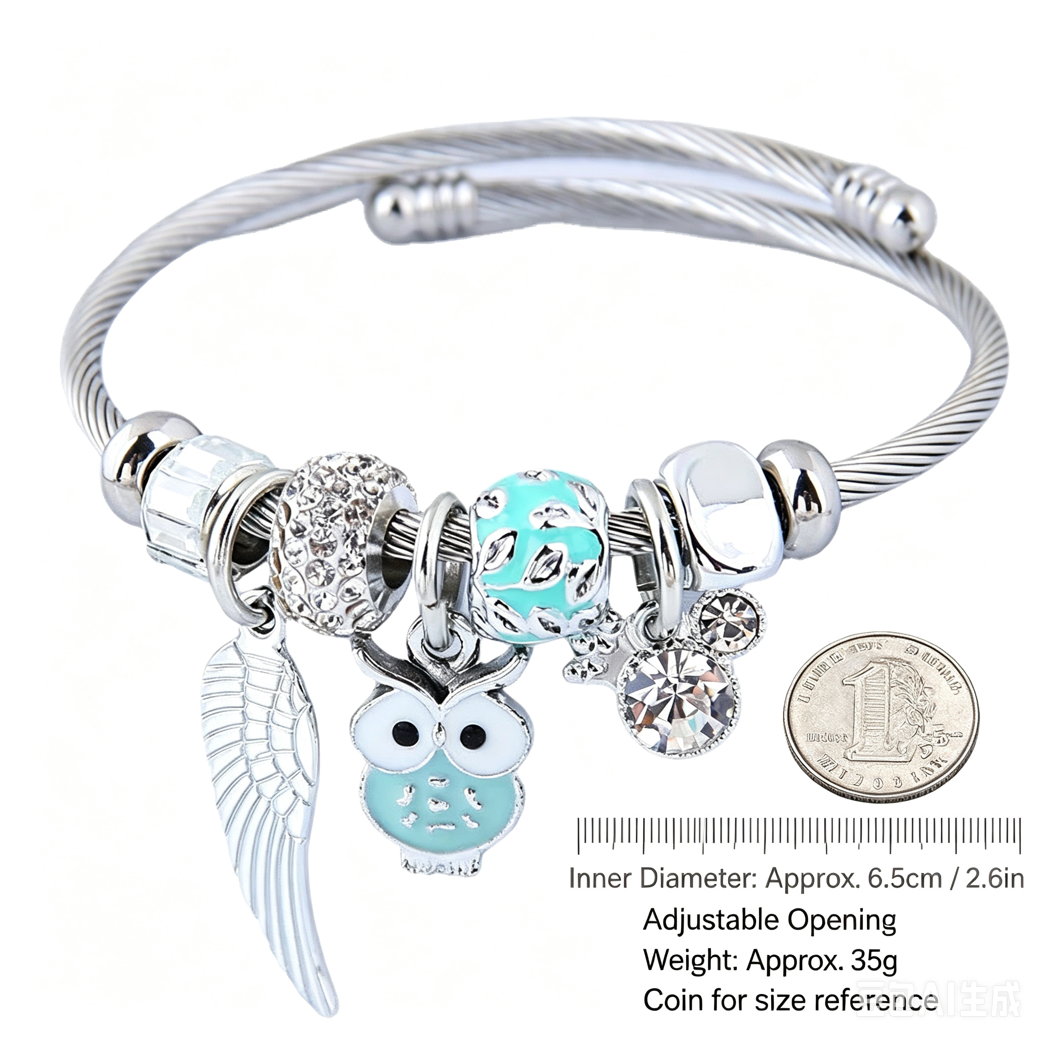 Lucky owl crystal bangle close-up – sparkling gemstone detail on delicate bracelet