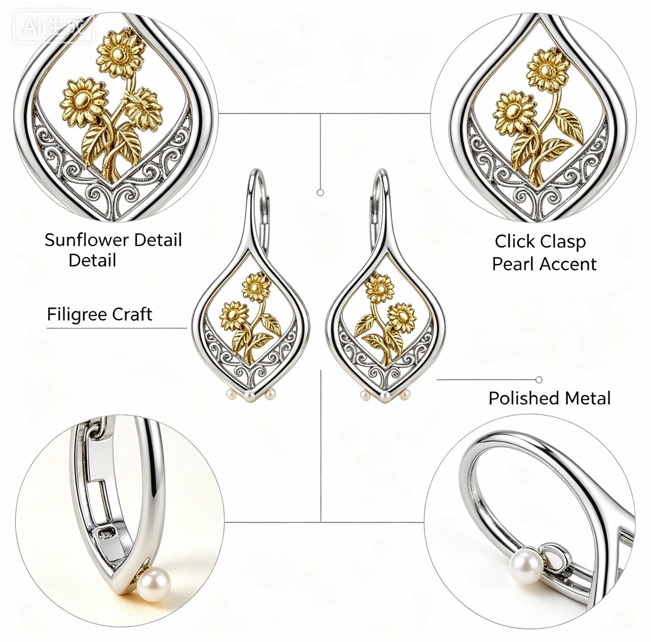 Gold and silver sunflower filigree earrings – lightweight drop earrings for everyday wear