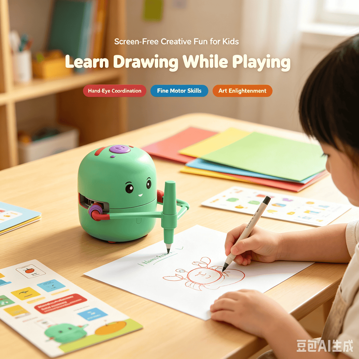 Mint green children's intelligent drawing teaching robot (Wanletu brand) with crab card, includes 12 color pencils, upgraded writing and painting functions