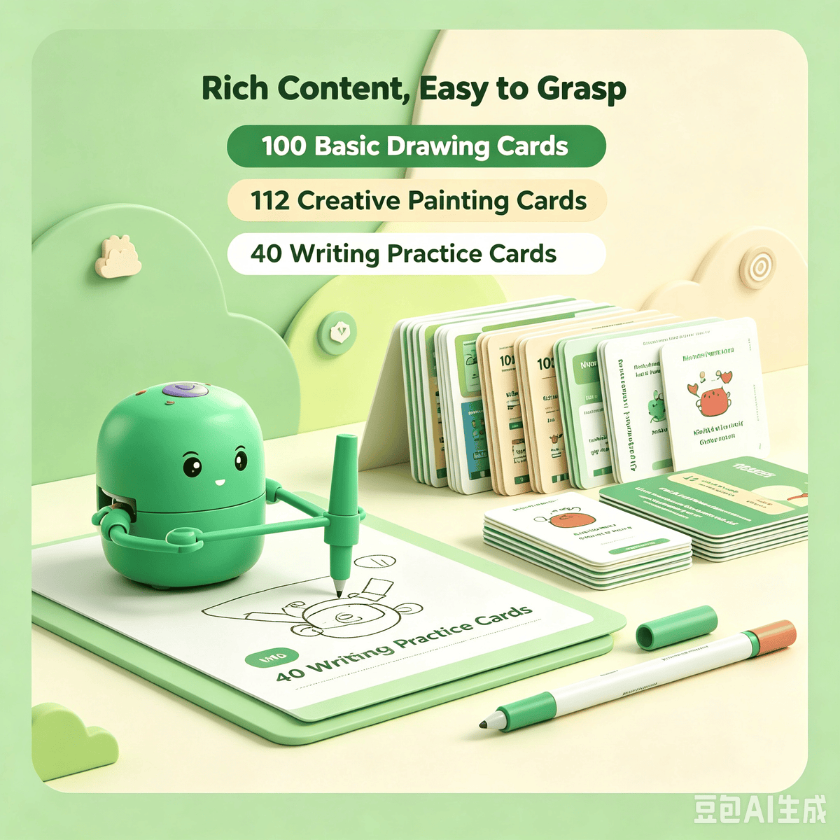 Mint green children's intelligent drawing teaching robot (Wanletu brand) with crab card, includes 12 color pencils, upgraded writing and painting functions