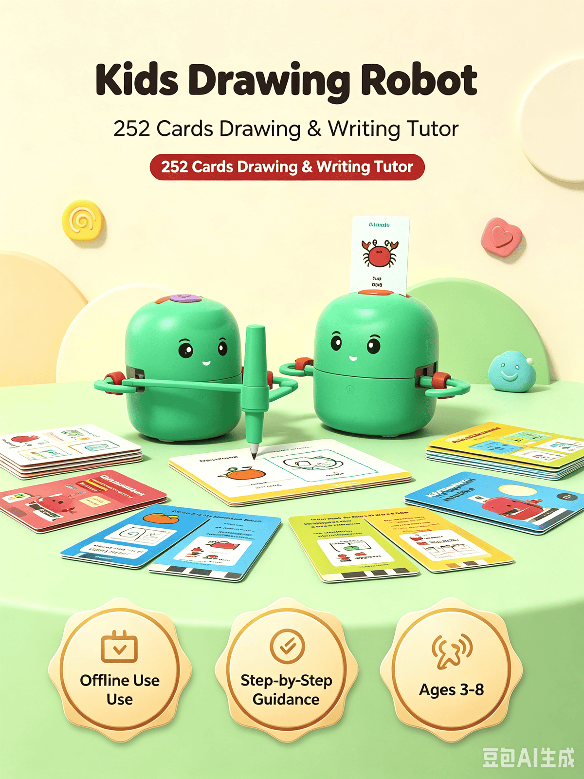 Smart drawing robot accessories display showing 100 basic cards, 112 advanced cards, 40 Chinese character cards, and colored pencil set
