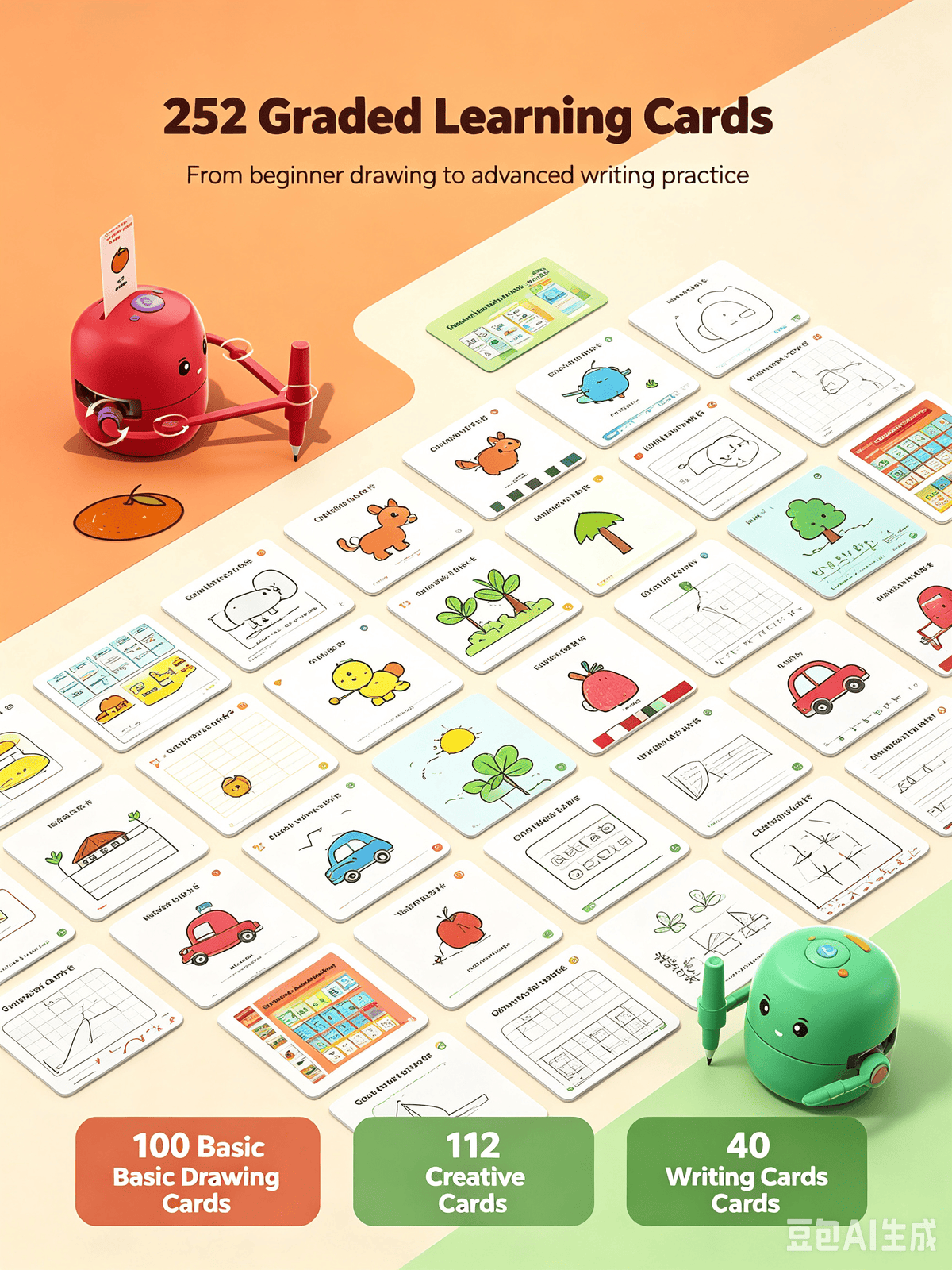 	Pink children's intelligent drawing teaching robot with hamburger card, includes 12 color pencils and black stroke pen, upgraded writing and painting functions