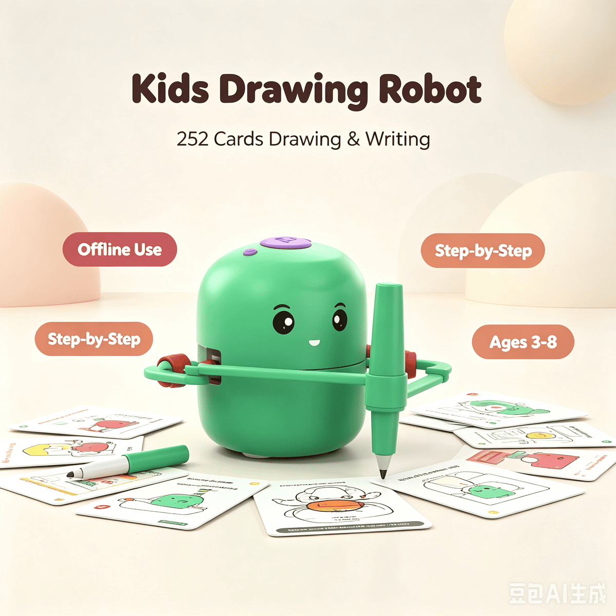 Smart drawing robot educational toy product packaging, showing pink and green versions, suitable for children aged 3 and above